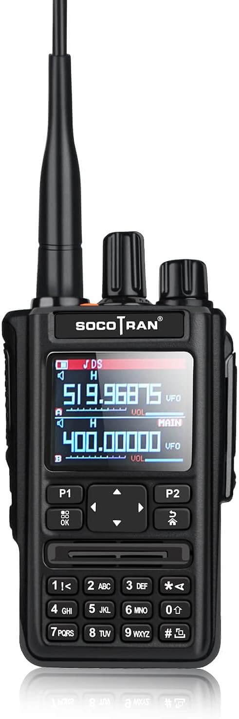 Black walkie-talkie with digital display on a white background