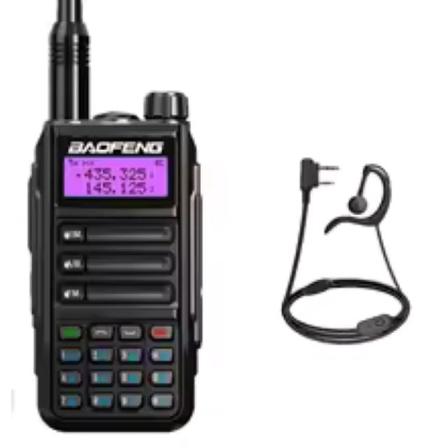 UV-16 Pro Black walkie-talkie with digital display and earpiece on a white background