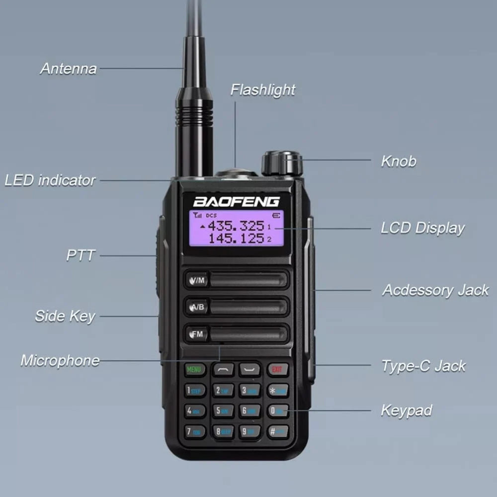 BAOFENG UV-16 Pro walkie talkie with features like antenna, LCD display, and LED indicator for clear communication