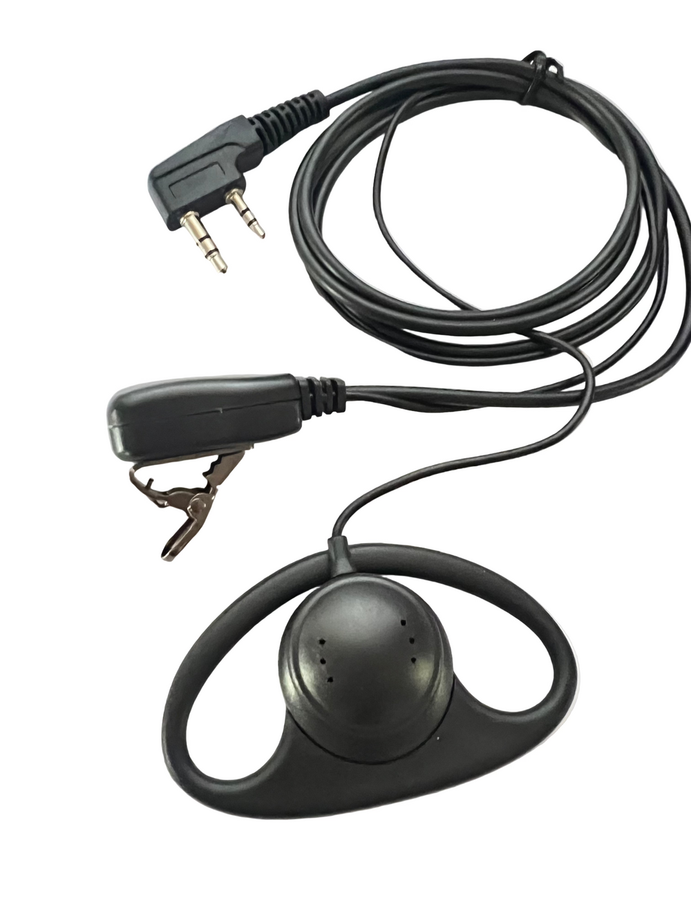D-piece headset for two way radio with clip and durable cable for clear communication.