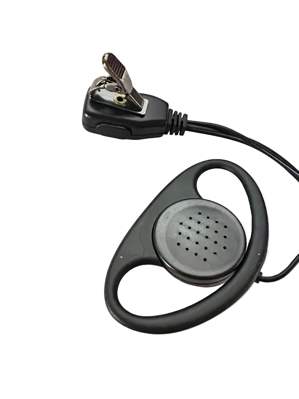 D-piece headset for two way radio with clip for secure attachment and clear audio quality