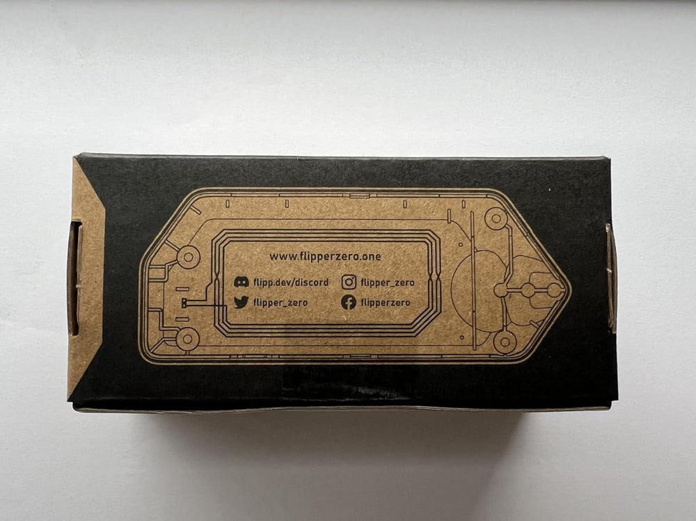 Flipper Zero 2025 mod UK packaging with detailed graphics and social media handles on the underside