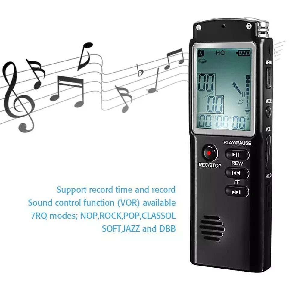 16GB digital voice recorder with playback, various recording modes, and sound control functions