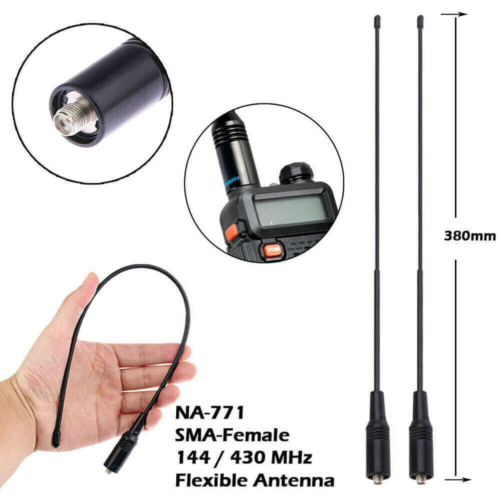Rugby Radios UK Unbranded £8 2 x NA-771 1/4 wave 3.2DB Gain SMA-Female Radio Antenna for any 2 Way SMA Radio About this item This walkie talkie antenna works on frequencies UHF/VHF 144/430Mhz(136-174+400-470)MHz; It can effectively improve your communication quality and increase the range of reception and transmission This soft antenna has SMA-F Female connnector type; Widely used on handheld walkie talkies with SMA Female interface This antenna Gains 2.15dBi with up to 20 Watts of power; It helps you get l