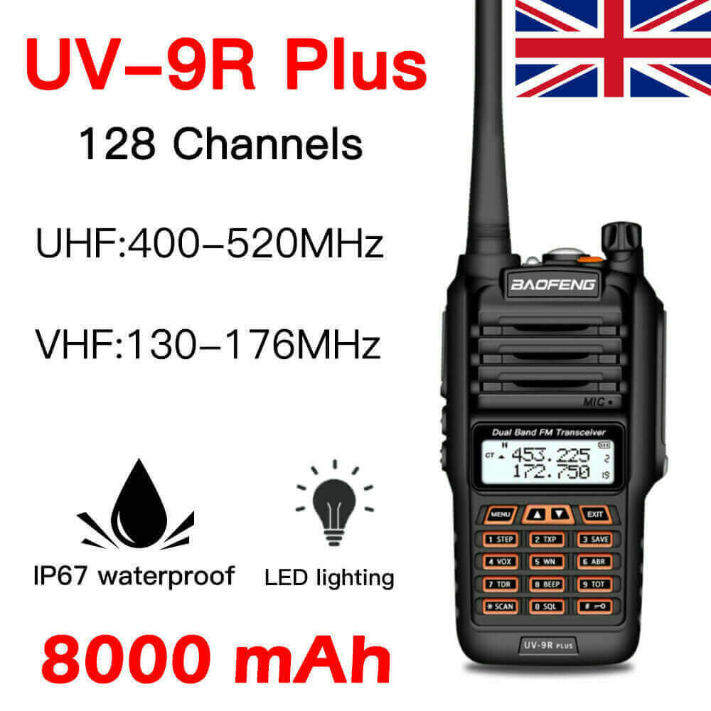 Rugby Radios UK Baofeng £37 Baofeng UV-9R Plus IP67 Waterproof UHF/VHF Walkie Talkie Two Way Radio +Earpiece Features: Made of high quality material, durable and practical to use. IP67 waterproof and dustproof (do not dive). Relay forwarding confirmation (1750hz). Dual frequency, dual display, dual standby. High and low power switching. Power saving, wideband / narrowband selection. Automatic reversing light and dual-frequency standby, timeout timer (TOT). 50 CTCSS and 104 DCS codes. Voice prompt & ANI code