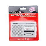 Rugby Radios UK DEKKO £6.75 UK Stock - DEKKO AM/FM - 2 Band Radio Pocket Rocket Radio POCKET ROCKET RADIO - 2 BAND AM/FM WITH BATTERY OR DC POWER SUPPLY FM - 88 - 108Mhz AM - 530-1600 Khz Battery supply is 2 x AA 1.5v batteries so 3v in total, there is also a 3v DC connector for power supply from the mains Headphone socket Good to go, and loud noise if you like it loud in the garden, office, shed, or out and about. It is 9.5cm x 5.8cm x 2.2cm in dimension.