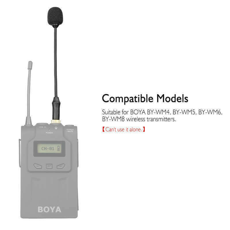 Rugby Radios UK MINI £13.5 UK SELLER BY-UM2 Mini Omni-directional Flexible Audio Microphone Flexible style design, can easily change the bending direction of the Mic for sound pickup. Suitable for BOYA BY-WM4, BY-WM5, BY-WM6, BY-WM8 wireless transmitters. 3.5mm locking-type, plug-in and work, convenient in use. Mini, lightweight and flexible. BY-UM2 is a special accessory for the wireless transmitters mentioned above. Can't use it alone. Brand: BOYA material: metal Model: BY-UM2 Color: Black Compatible Mode