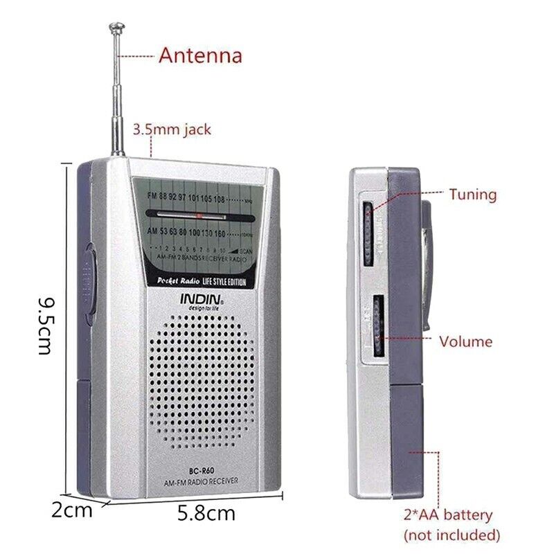 Teeny Tiny BC-R60 2AA Battery Operated AM/FM Pocket Radio with Headphone Jack
