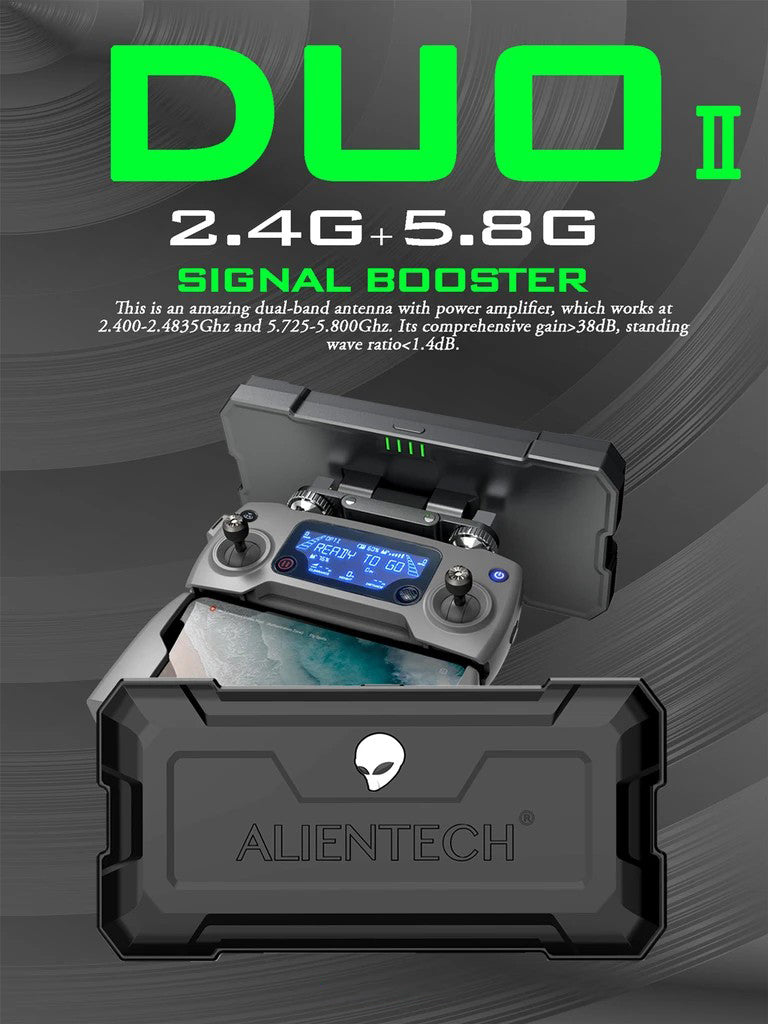 AlienTech DUO II signal booster for DJI Mavic Air 2 with dual-band antenna and power amplifier features