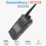 AnySecu UVF9 Plus walkie talkie with 250 channels, 10W power, and 6800mAh battery for reliable communication