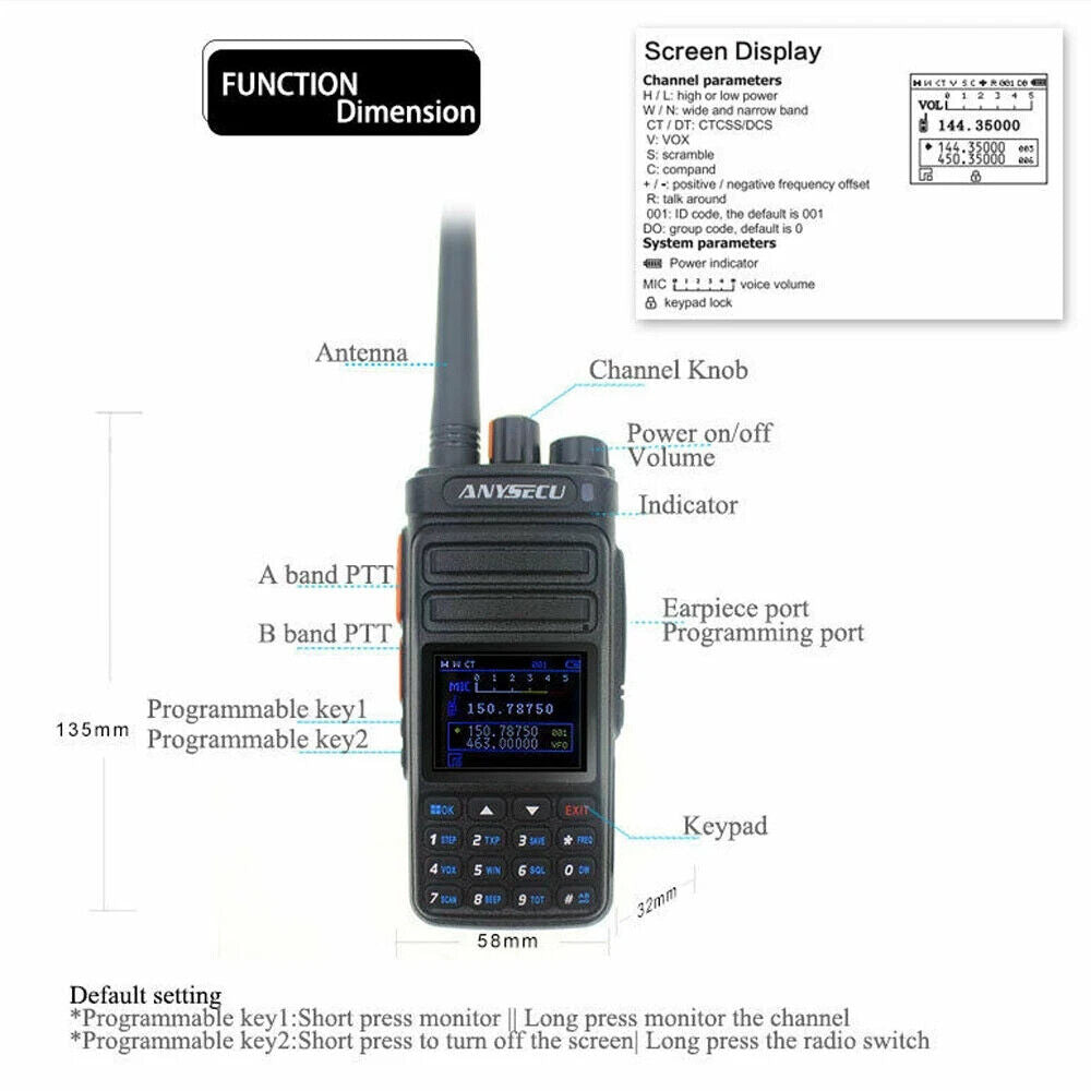 AnySecu UVF9 Plus walkie talkie with detailed screen display and channel knobs for easy communication