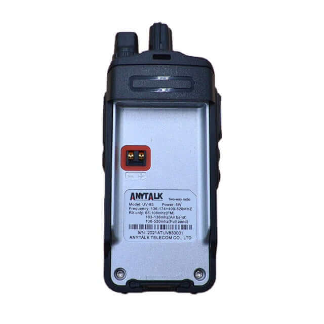 ANYTALK UV-83 marine and airband radio showing back view with model and frequency details