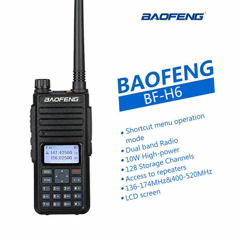 Baofeng BF-H6 VHF UHF radio with dual band, 10W power, and LCD screen for clear communication