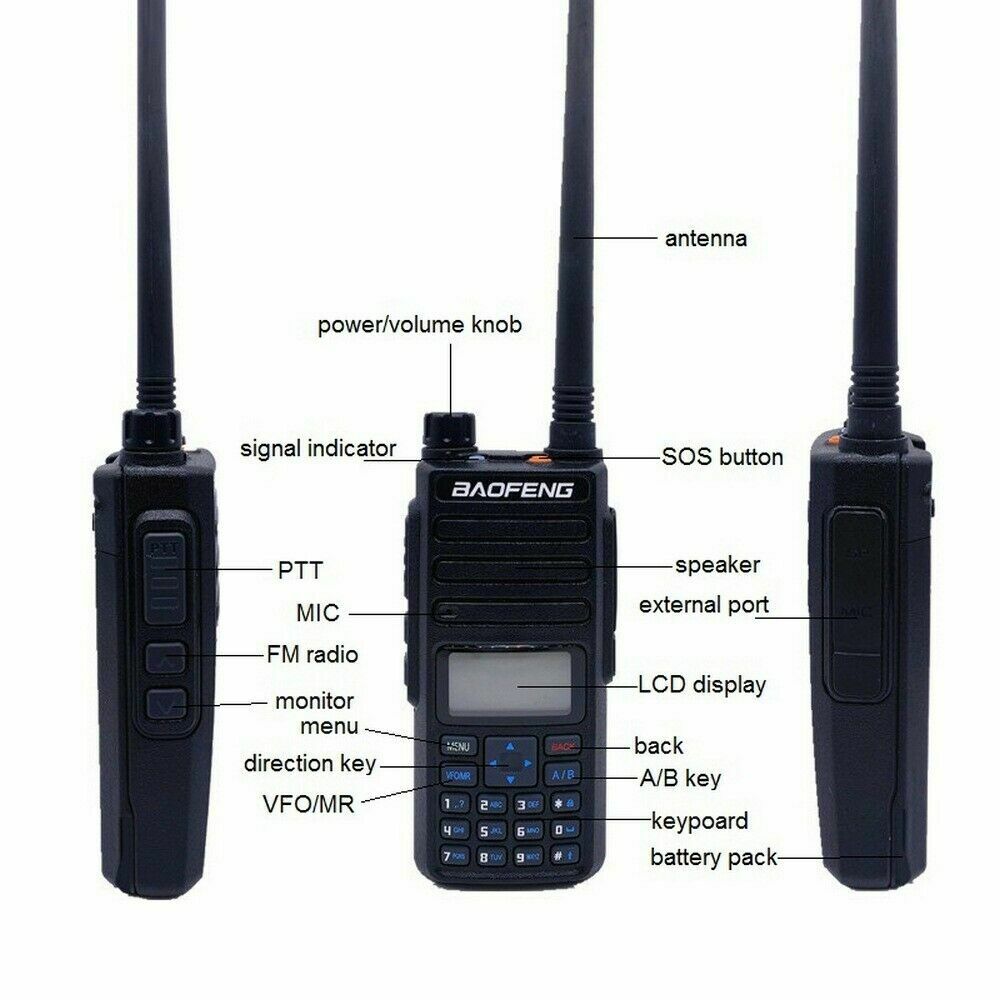 Baofeng BF-H6 VHF UHF radio with dual antennas, LCD display, and adjustable power settings