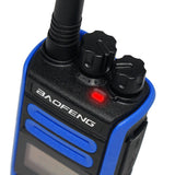 Baofeng BF-H7 dual band radio in blue featuring dual knobs and LED indicator for clear communication