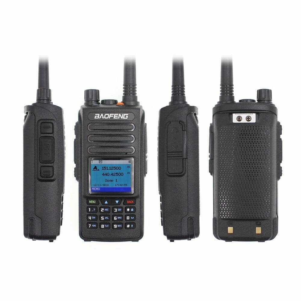 Baofeng DM-1702 DMR radio shown from front, back, and side views with antenna and keypad