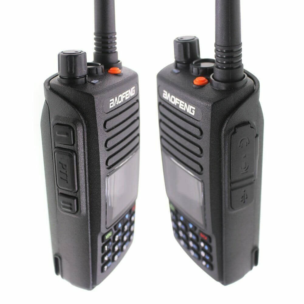 Two Baofeng DM-1702 DMR radio walkie talkies showing front and side views with keypad and antenna