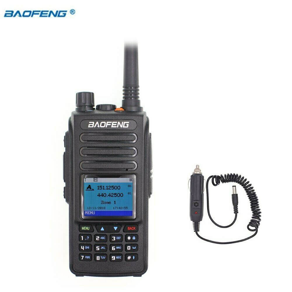 Baofeng DM-1702 DMR radio with keypad and LCD screen shown with a coiled charging cable
