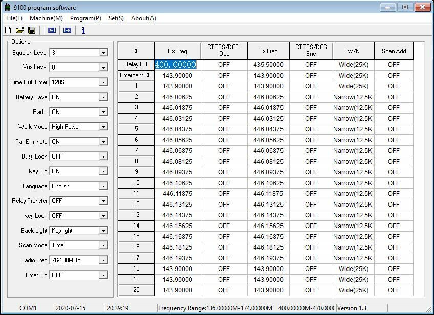 Baofeng DR-1801 digital walkie talkie programming software interface with channel settings