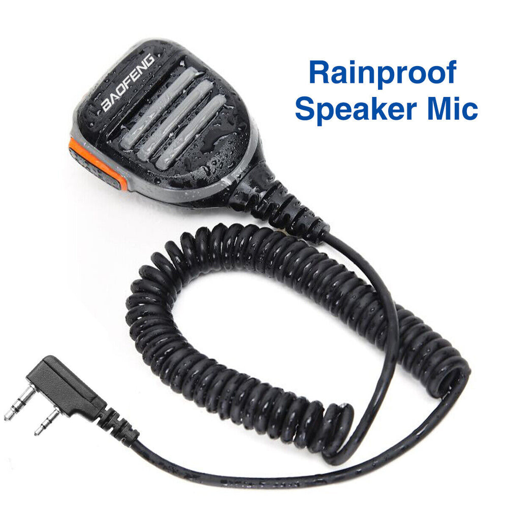 BaoFeng rainproof speaker mic with coiled cable designed for durability in wet conditions.