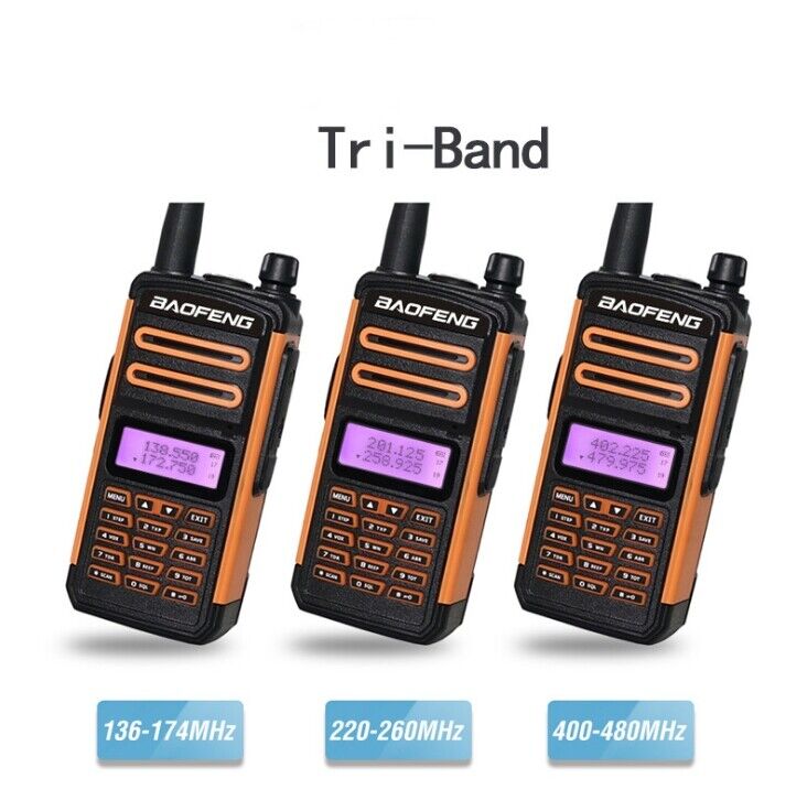 Baofeng TR-988UV triband radio showing three models with frequency bands 136-174MHz, 220-260MHz, and 400-480MHz