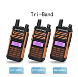 Baofeng TR-988UV triband radio showing three models with frequency bands 136-174MHz, 220-260MHz, and 400-480MHz