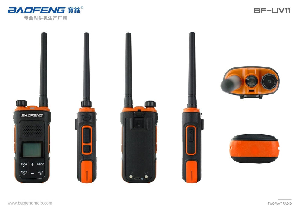 BaoFeng UV-11 walkie talkie in orange and black design with adjustable antennas and user-friendly interface