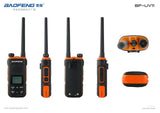 BaoFeng UV-11 walkie talkie in orange and black design with adjustable antennas and user-friendly interface