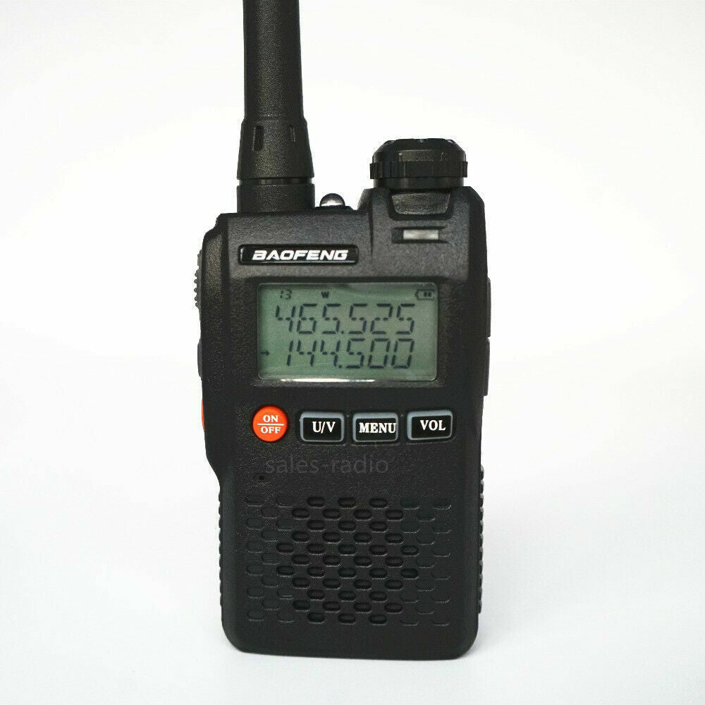 Baofeng UV-3R dual band radio with digital display and antenna for reliable communication