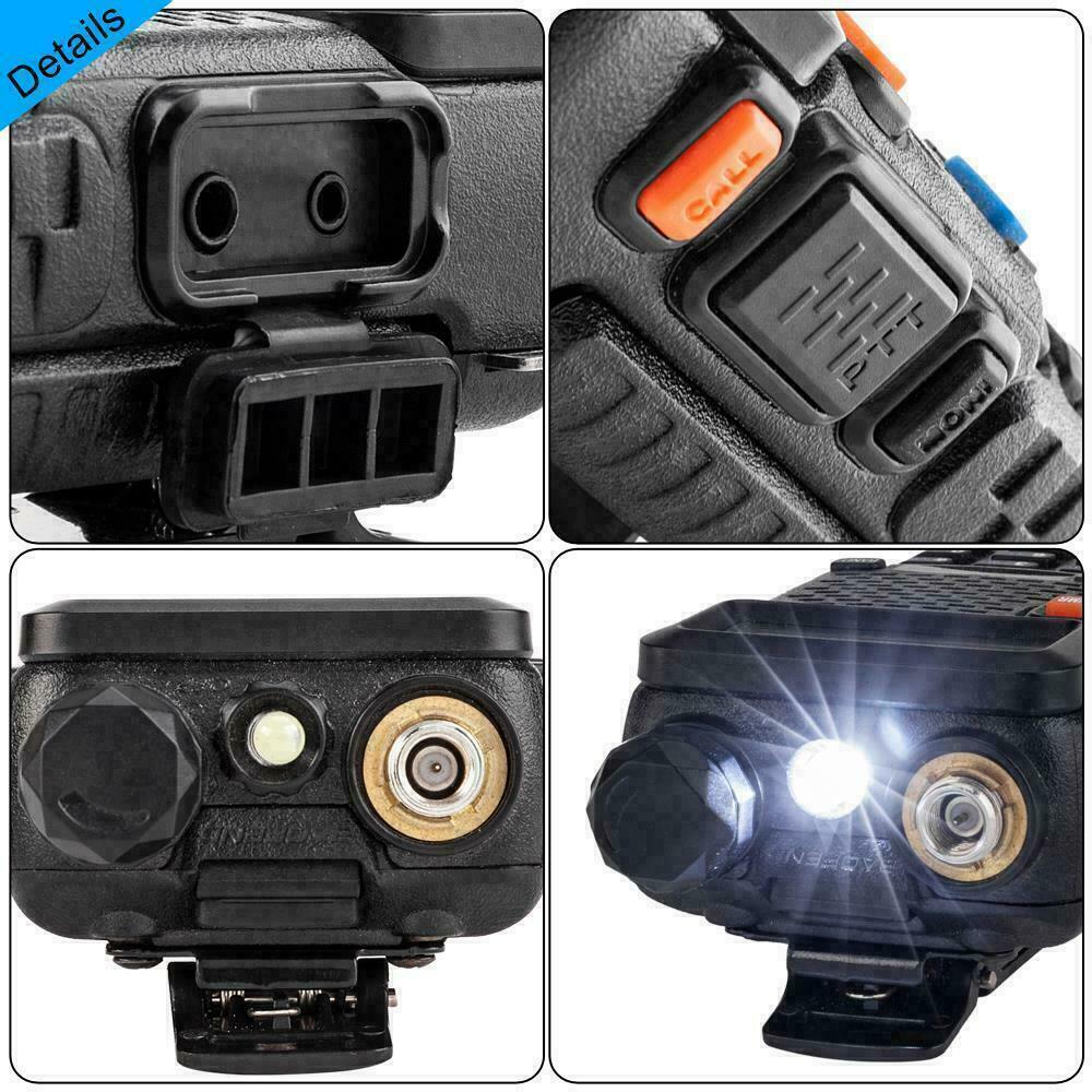 Top view of Baofeng UV-5R dual band radio showing connectors and built-in flashlight feature