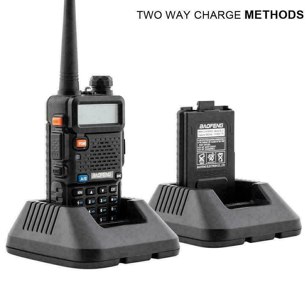 Baofeng UV-5R dual band radio with charging dock showcasing two-way charging methods