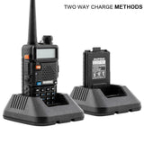 Baofeng UV-5R dual band radio with charging dock showcasing two-way charging methods