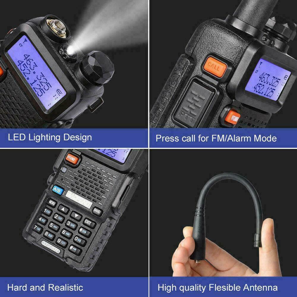 Baofeng UV-5R dual band radio with LED lighting, realistic design, and flexible antenna for reliable communication.