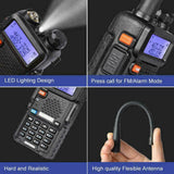 Baofeng UV-5R dual band radio with LED lighting, realistic design, and flexible antenna for reliable communication.