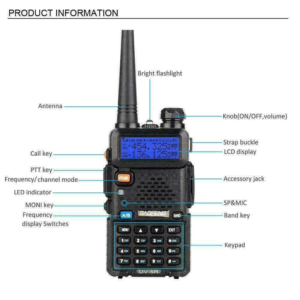 Baofeng UV-5R dual band radio featuring clear LCD display, keypad, and bright flashlight