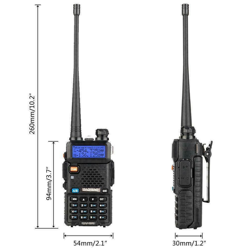 Baofeng UV-5R dual band radio with LCD display and long antenna, ideal for reliable communication