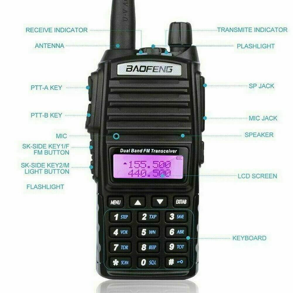 Baofeng UV-82 dual band radio featuring LCD screen, speaker, and multiple function keys
