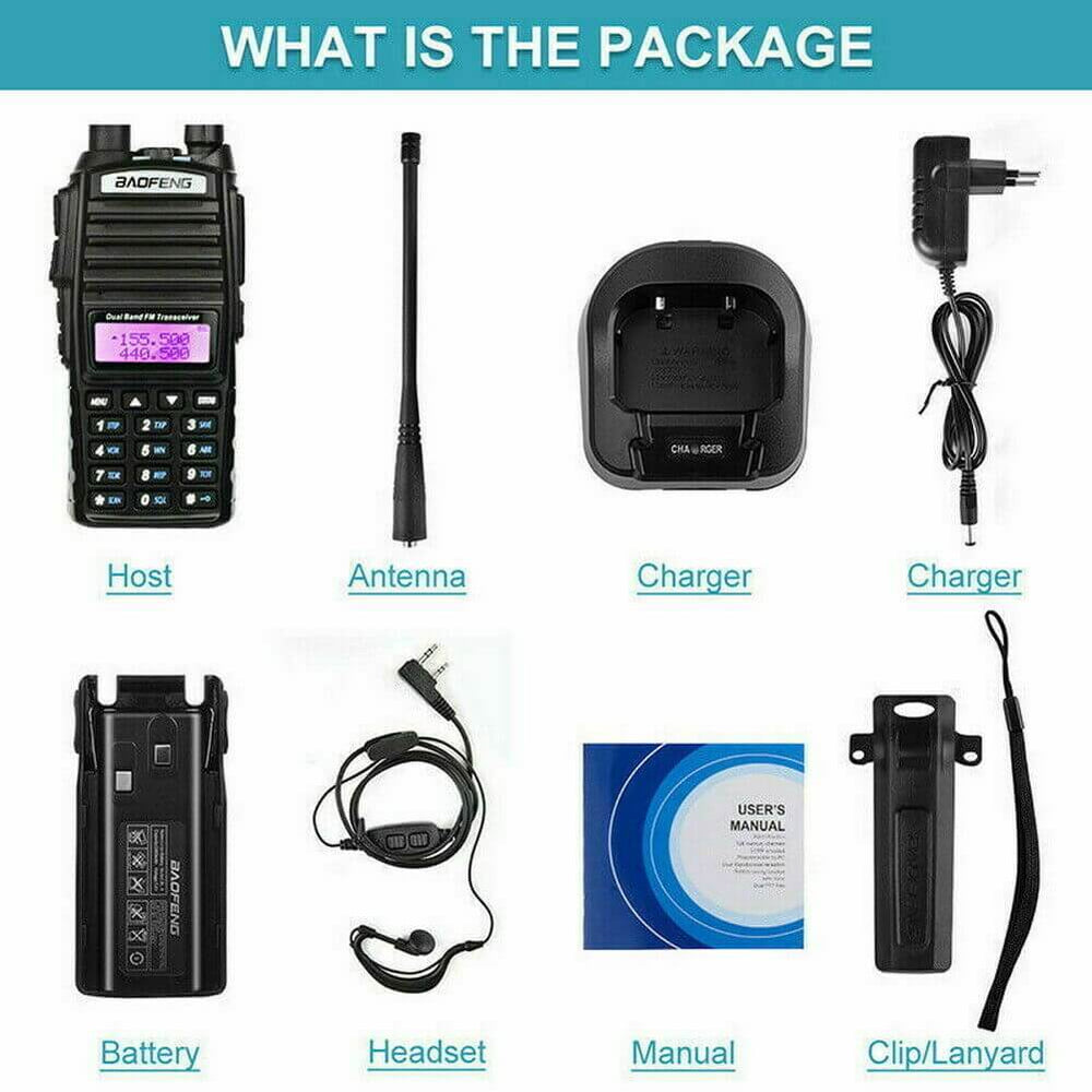 Baofeng UV-82 dual band radio package including host, antenna, battery, charger, headset, and user manual