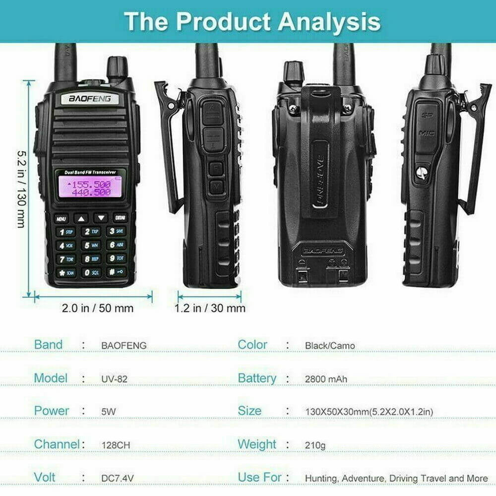 Baofeng UV-82 dual band radio with black and camo design, featuring dual display and 5W power