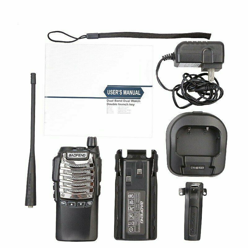 Baofeng UV-8D walkie talkie with accessories including manual, battery, and charger for effective communication