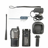 Baofeng UV-8D walkie talkie with accessories including manual, battery, and charger for effective communication