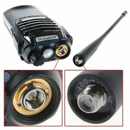 Baofeng UV-8D walkie talkie showing dual antennas and metal connector details for enhanced communication