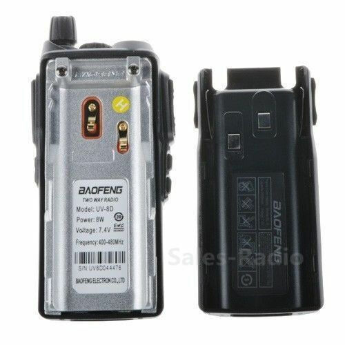 Baofeng UV-8D walkie talkie showing rear and battery compartment, ideal for clear communication.