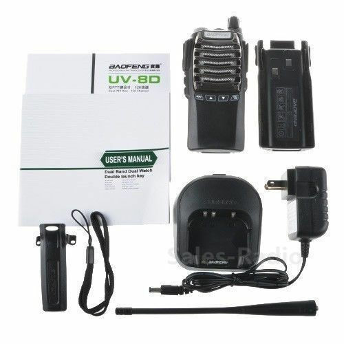 Baofeng UV-8D walkie talkie set including charger, battery, and user manual for reliable communication