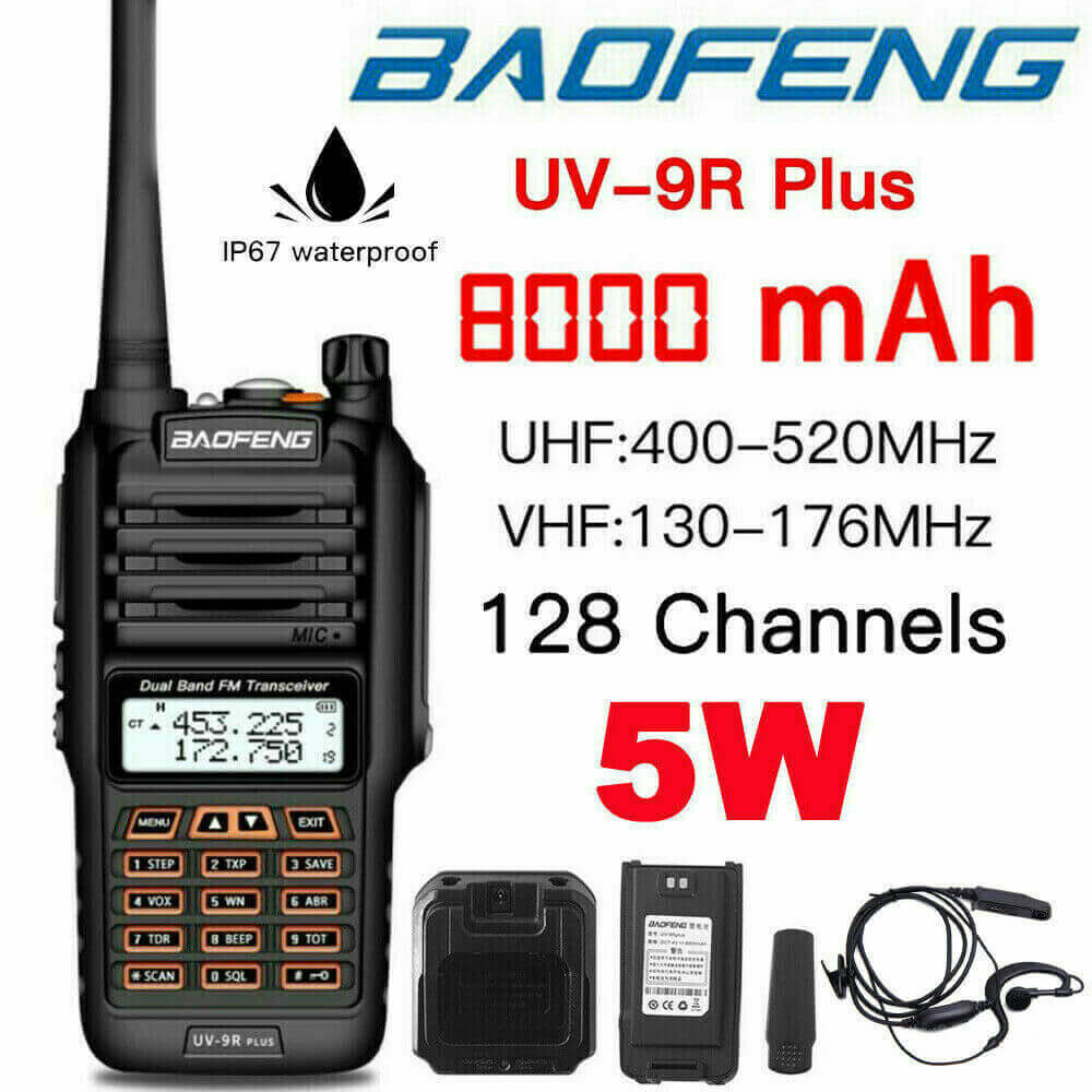 Baofeng UV-9R Plus waterproof radio with 8000 mAh battery and dual band frequencies