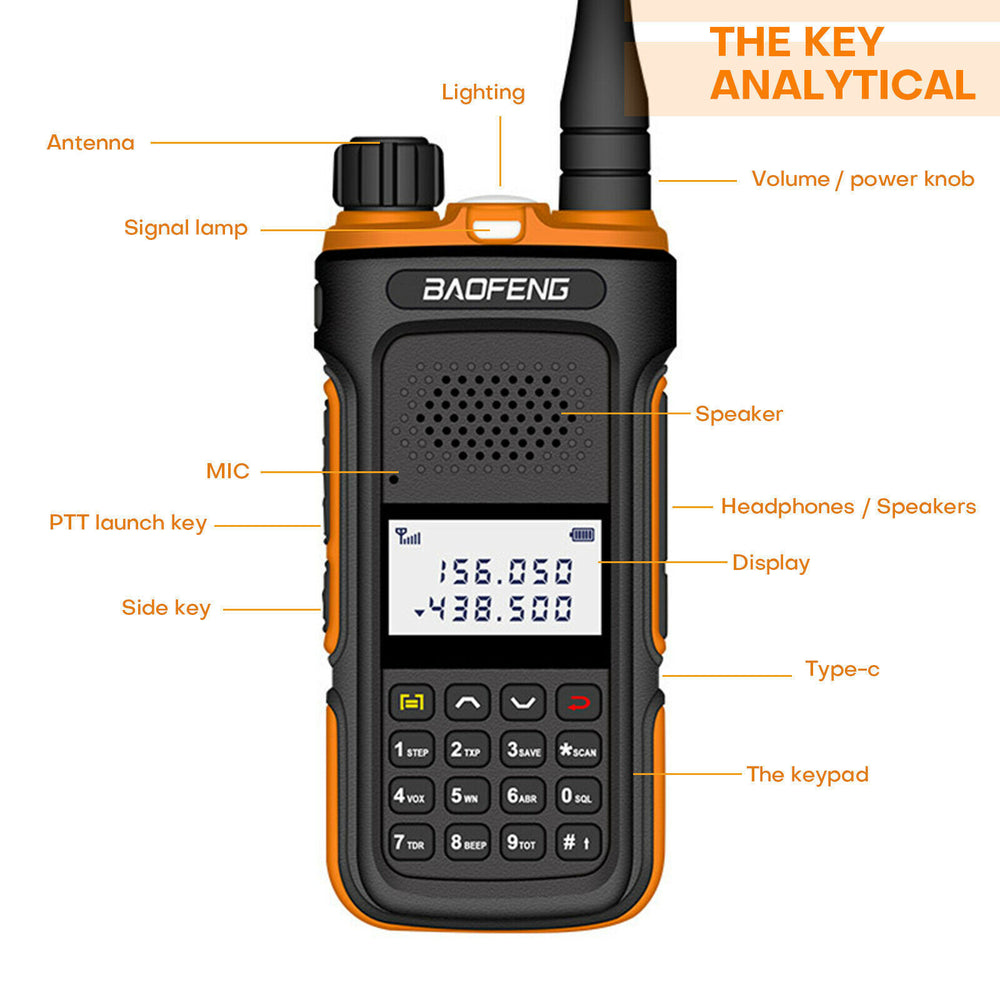 Baofeng UV10 two-way radio UK featuring a display, speakers, and an antenna for clear communication