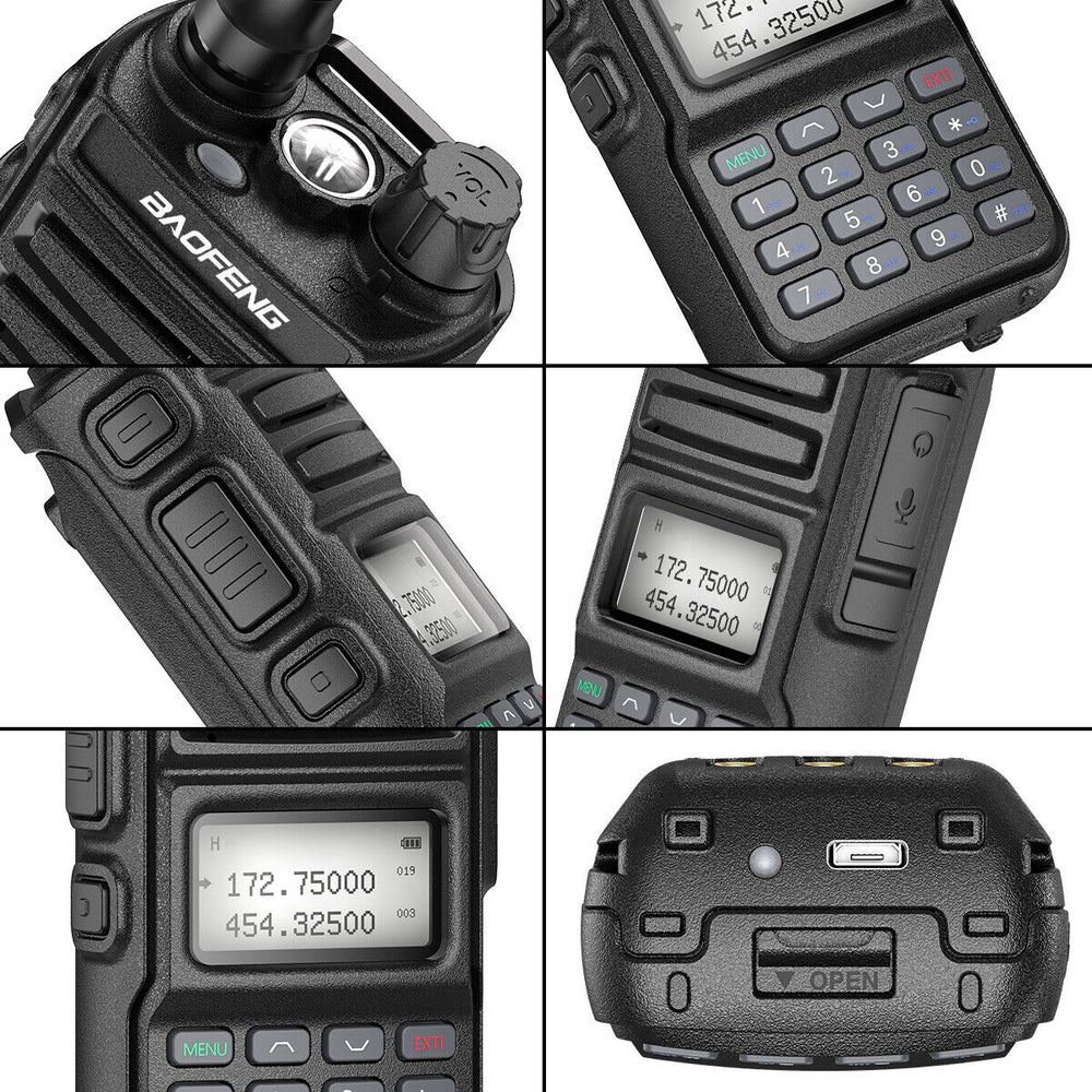 Close-up views of the Baofeng UV15R handheld radio showcasing buttons and screen features