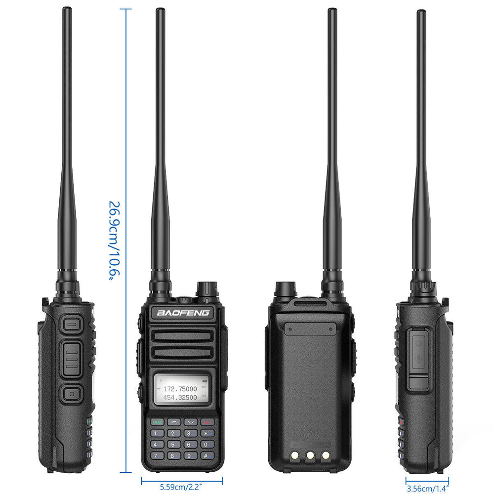 Baofeng UV15R handheld radio with dual antennas and keypad for reliable communication