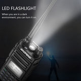 Baofeng UV15R handheld radio with LED flashlight for emergency use in dark environments