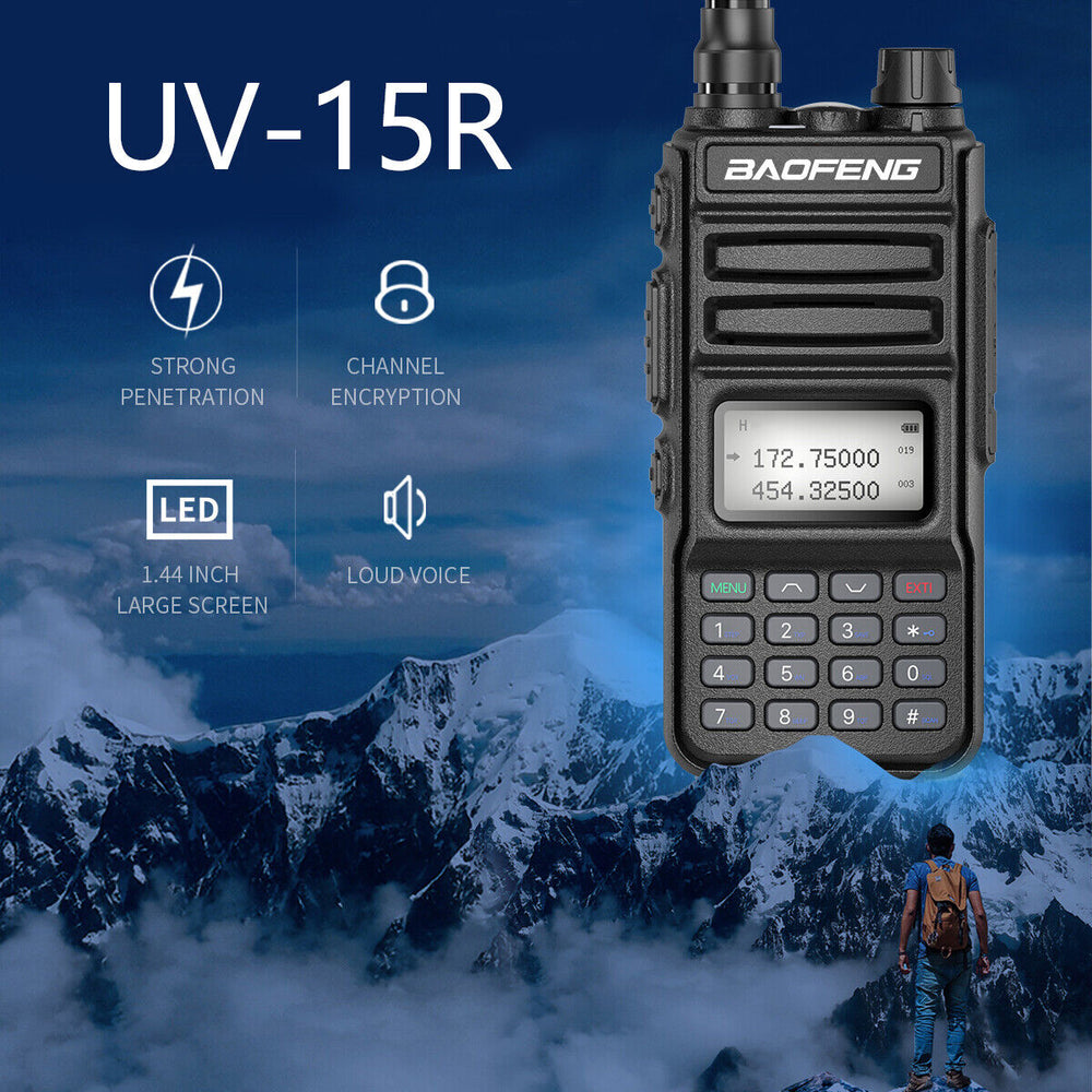 Baofeng UV15R handheld radio with 1.44 inch display and strong penetration features